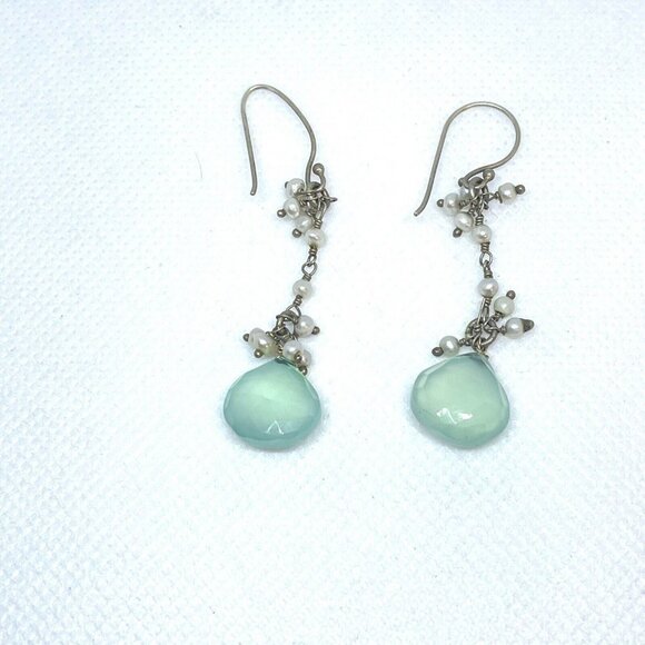 925 Sterling Silver Teardrop Chalcedony Pearls Beaded Dangle Drop Earrings - Picture 2 of 4
